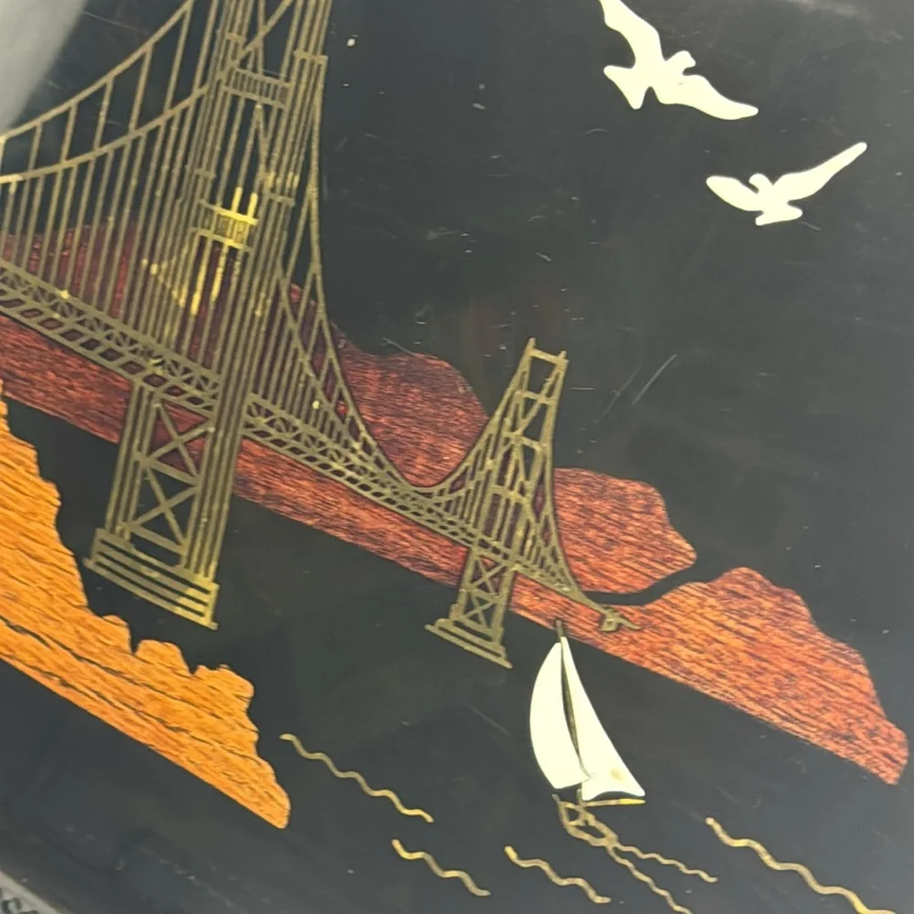 Couroc Golden Gate Bridge Tray MCM Black Lacquer Gloss Inlayed Wood and Metal